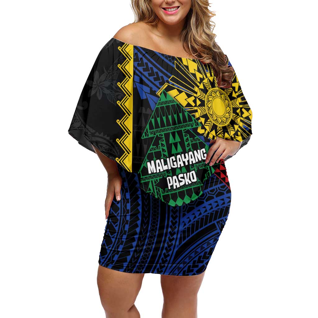 Personalised Philippines Christmas Family Matching Off Shoulder Short Dress and Hawaiian Shirt Xmas Tree Filipino Tribal Patterns - Polynesian Pride