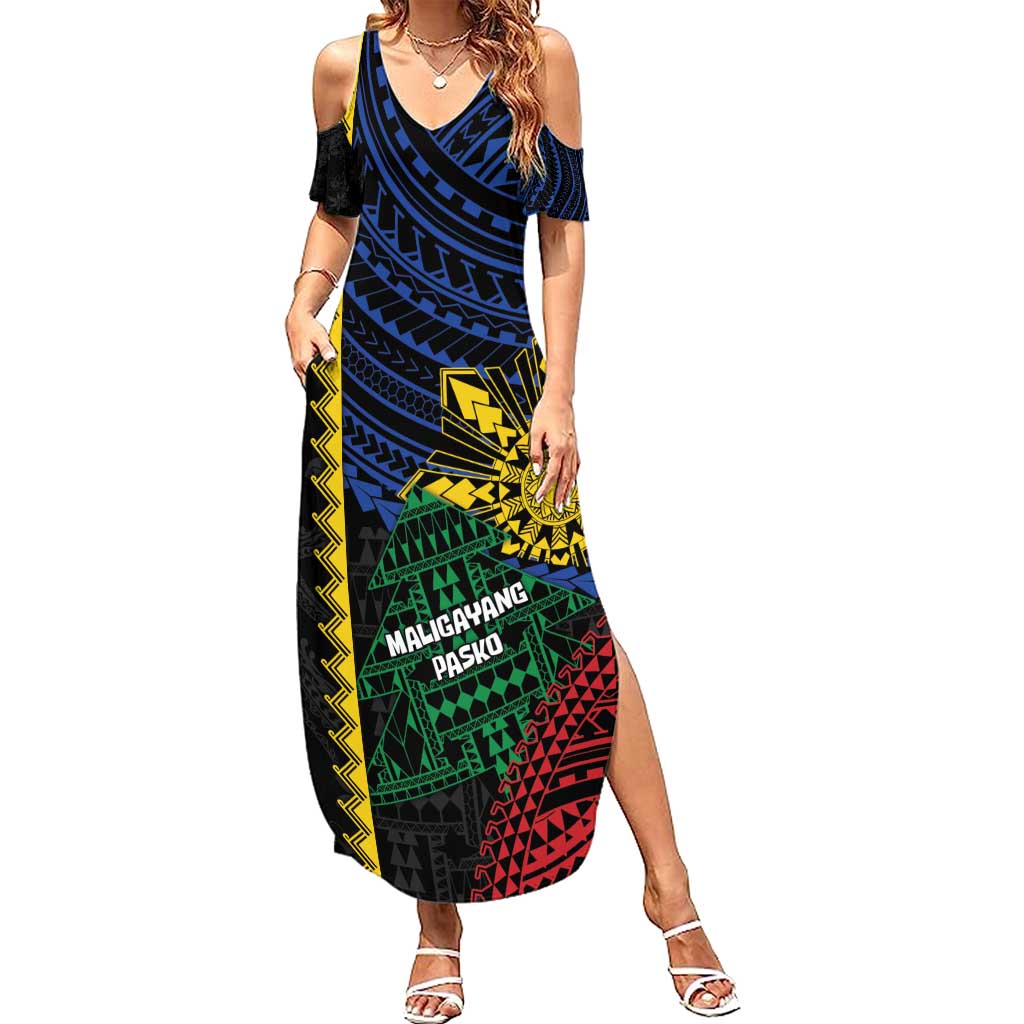 Personalised Philippines Christmas Family Matching Summer Maxi Dress and Hawaiian Shirt Xmas Tree Filipino Tribal Patterns - Polynesian Pride