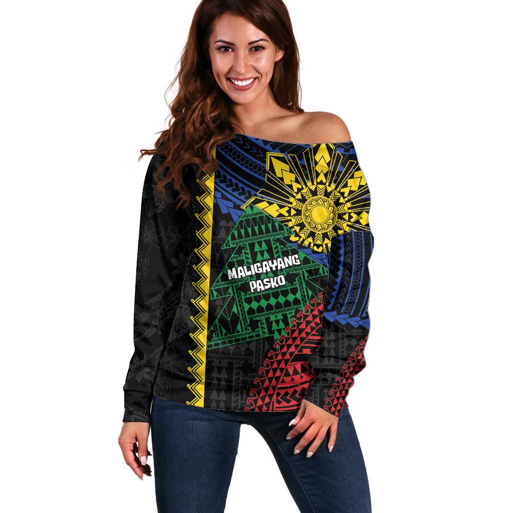 Personalised Philippines Christmas Off Shoulder Sweater Xmas Tree Filipino Tribal Patterns - Polynesian Pride