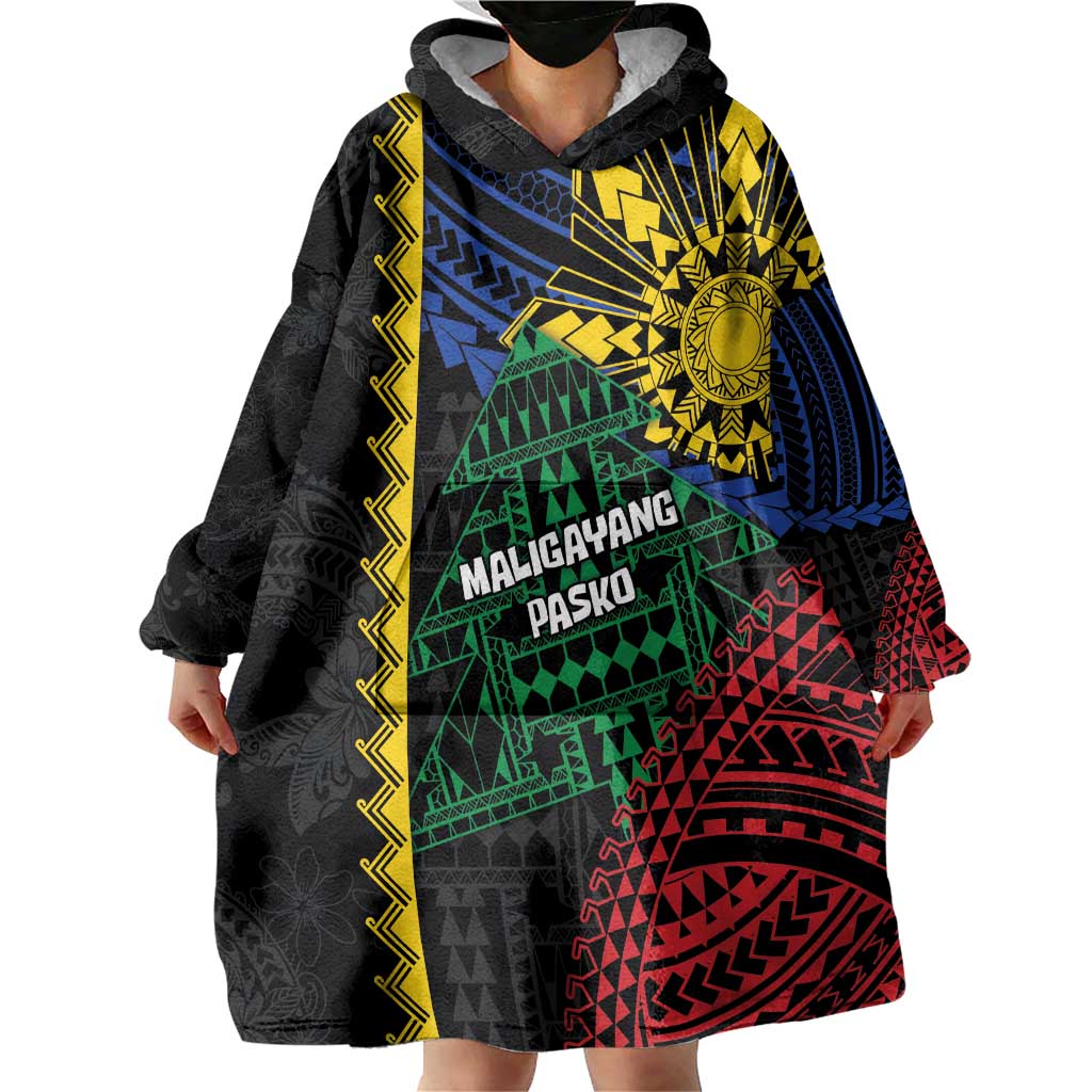 Personalised Philippines Christmas Wearable Blanket Hoodie Xmas Tree Filipino Tribal Patterns - Polynesian Pride