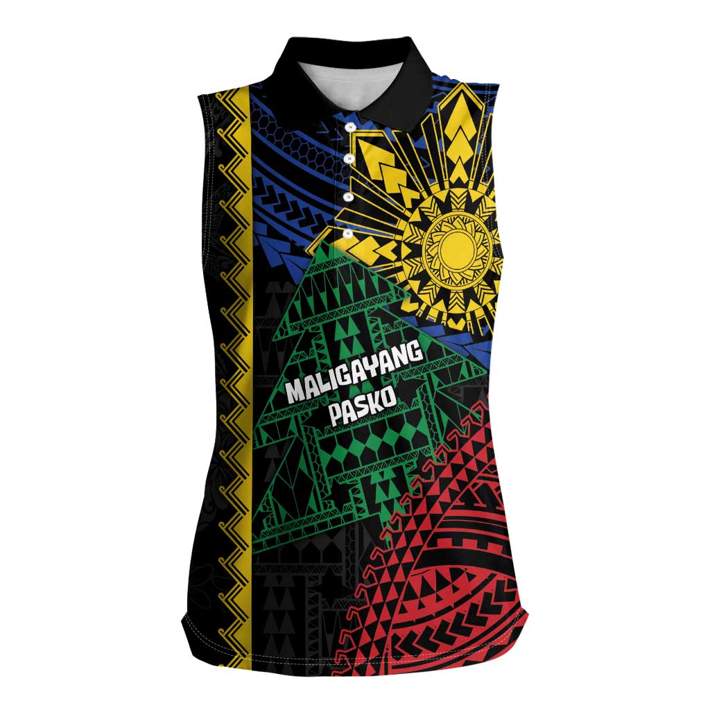Personalised Philippines Christmas Women Sleeveless Polo Shirt Xmas Tree Filipino Tribal Patterns - Polynesian Pride