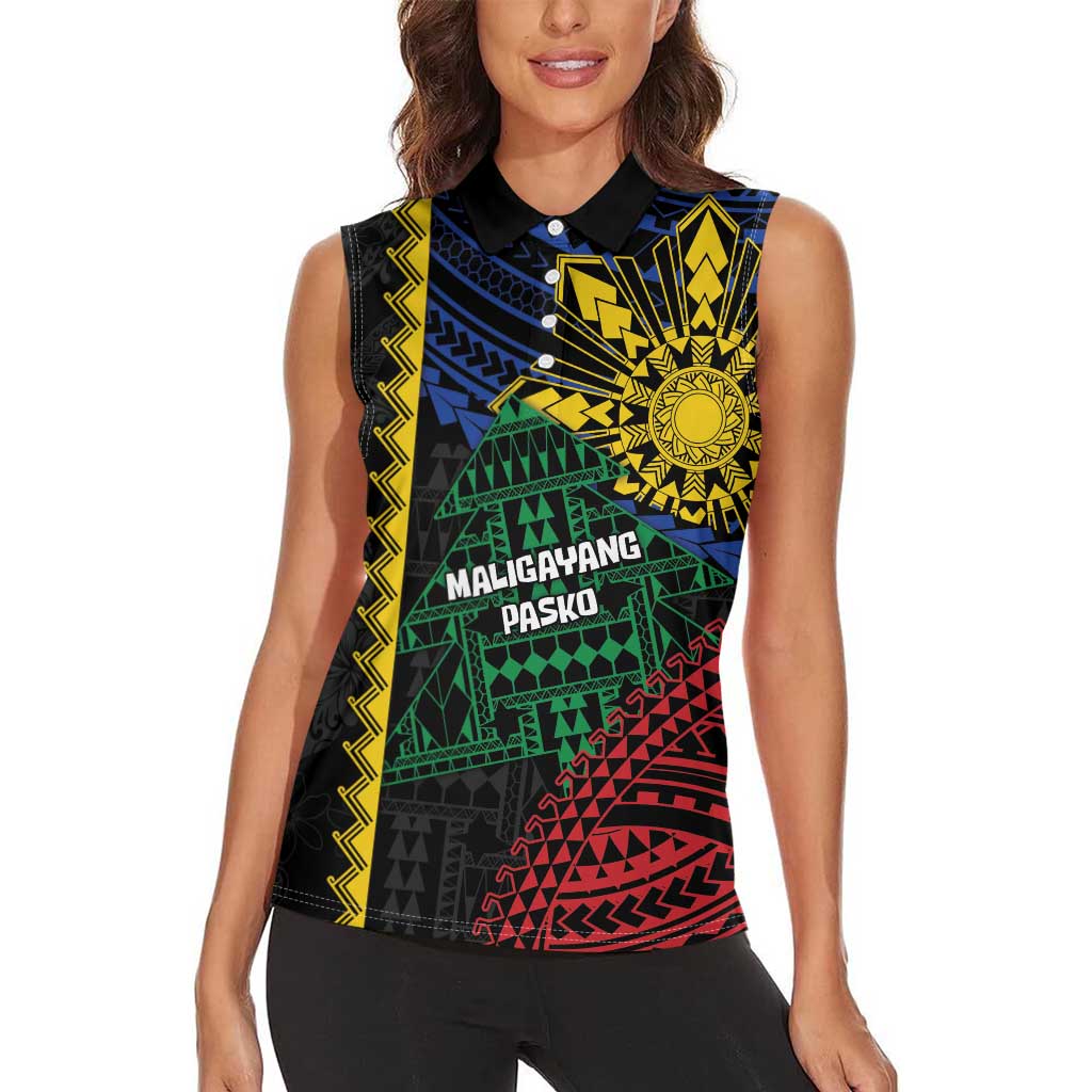Personalised Philippines Christmas Women Sleeveless Polo Shirt Xmas Tree Filipino Tribal Patterns - Polynesian Pride