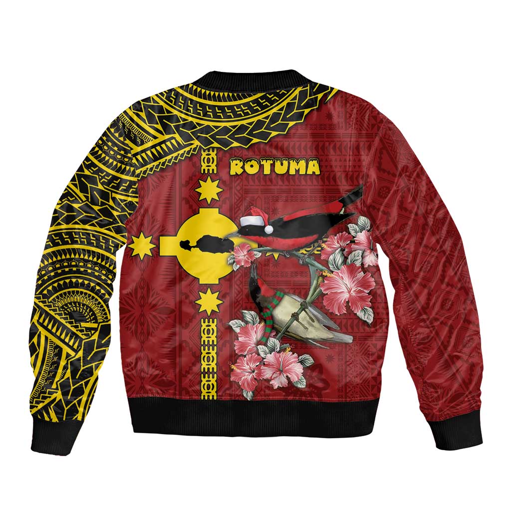 Rotuma Christmas Bomber Jacket Rotuma Myzomela Birds With Hibiscus Flowers - Polynesian Pride