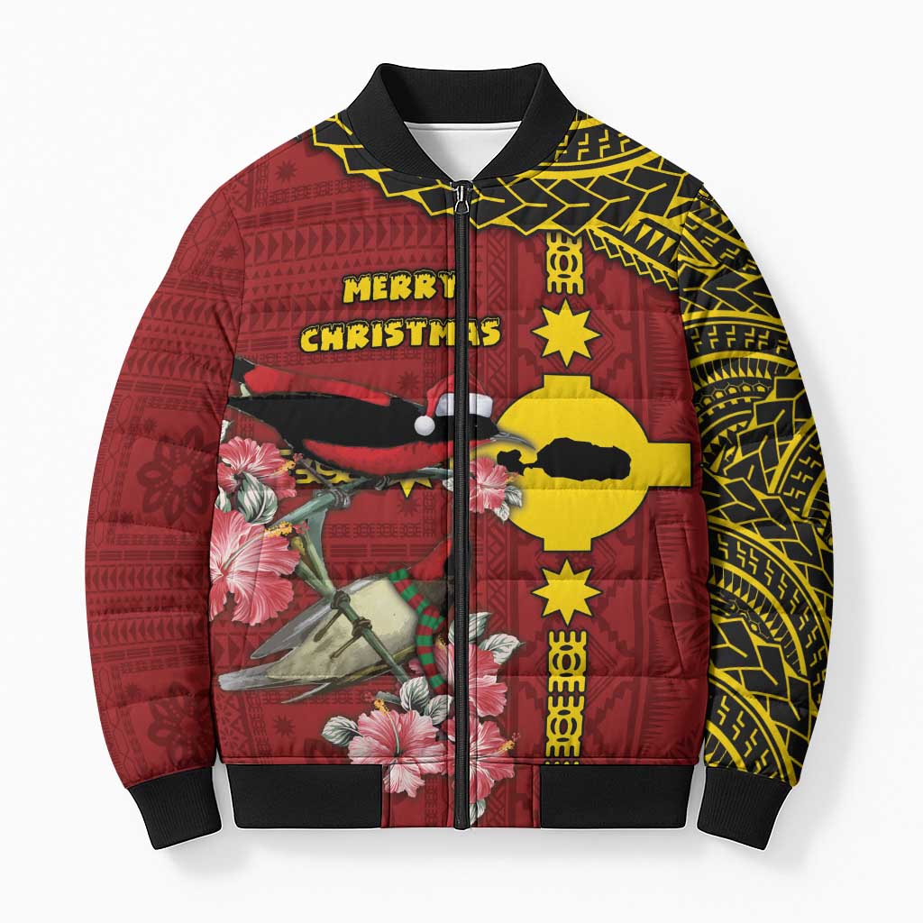 Rotuma Christmas Bomber Puffer Jacket Rotuma Myzomela Birds With Hibiscus Flowers - Polynesian Pride