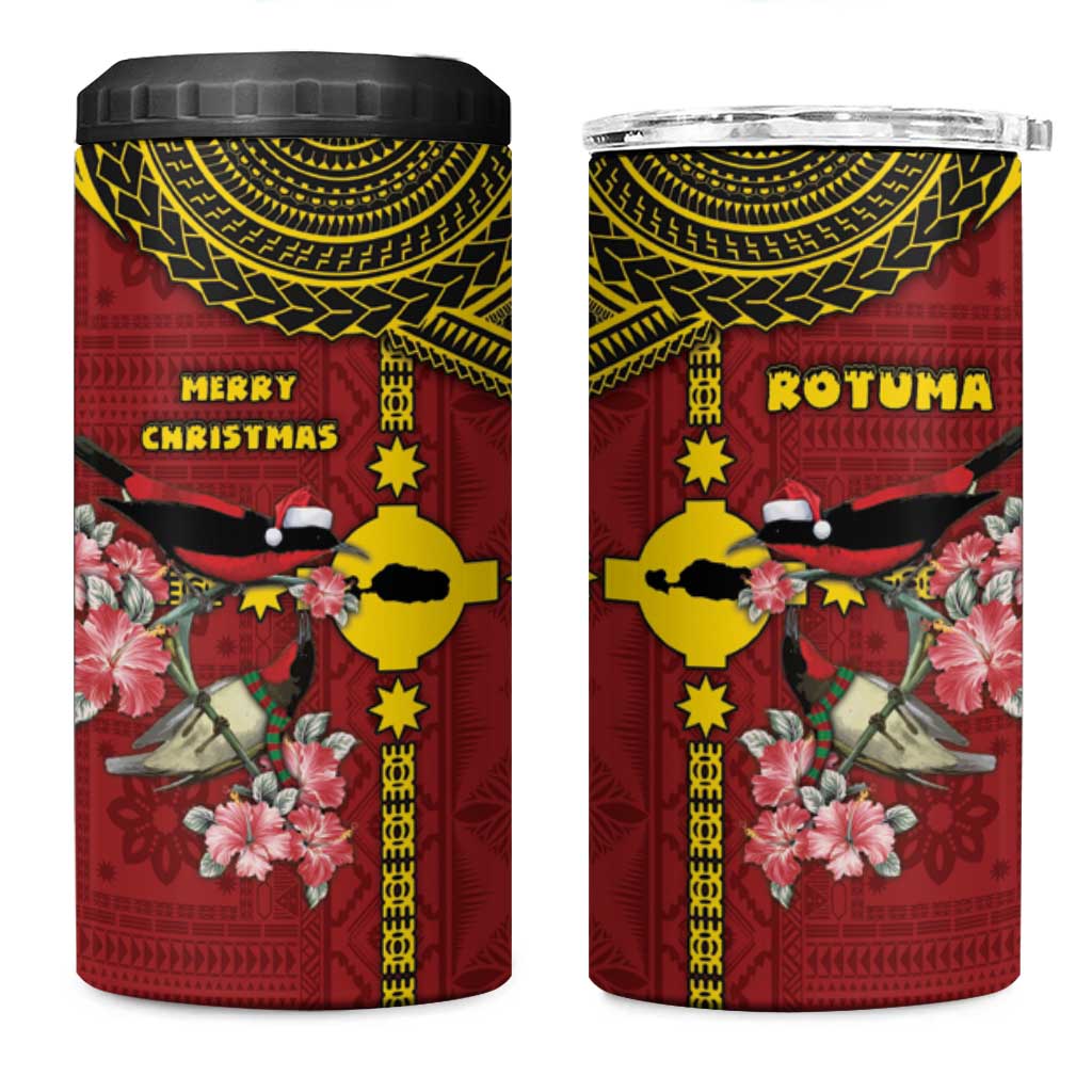 Rotuma Christmas 4 in 1 Can Cooler Tumbler Rotuma Myzomela Birds With Hibiscus Flowers - Polynesian Pride
