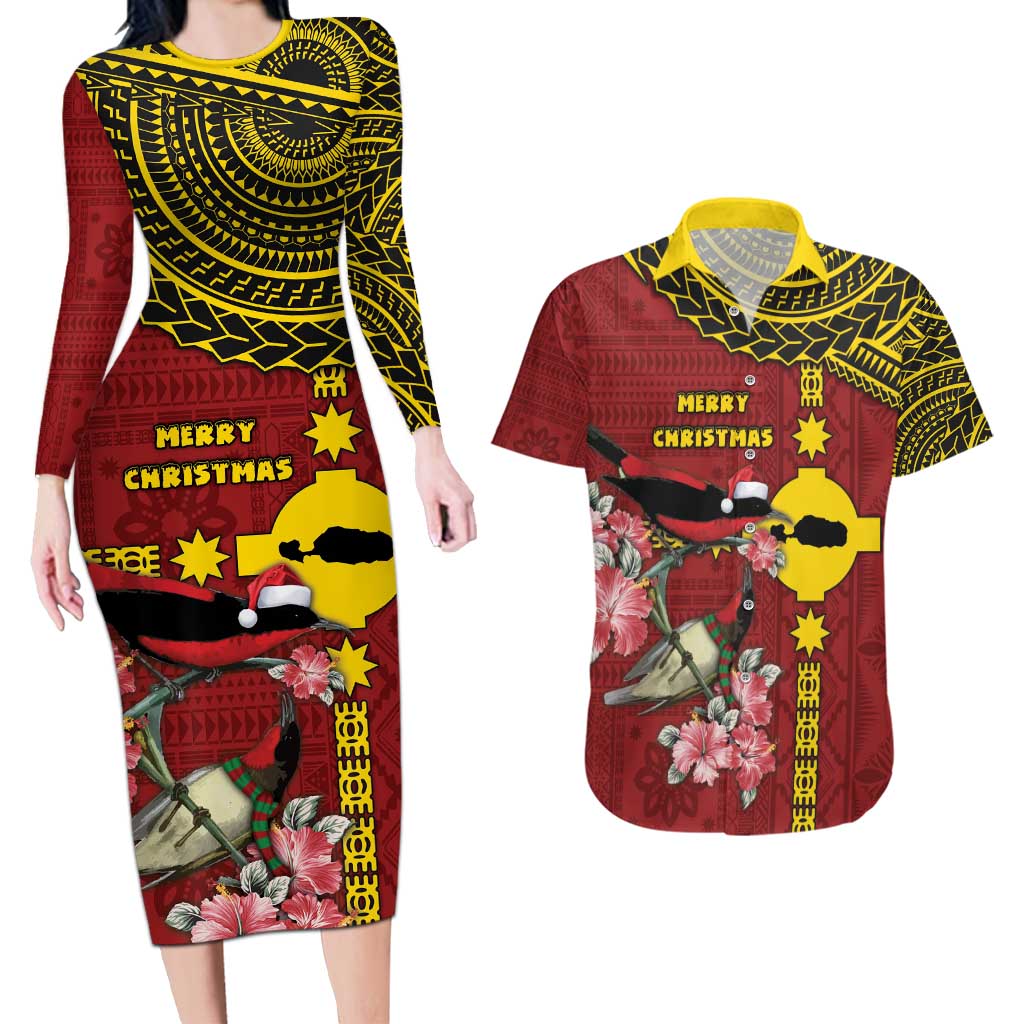 Rotuma Christmas Couples Matching Long Sleeve Bodycon Dress and Hawaiian Shirt Rotuma Myzomela Birds With Hibiscus Flowers - Polynesian Pride