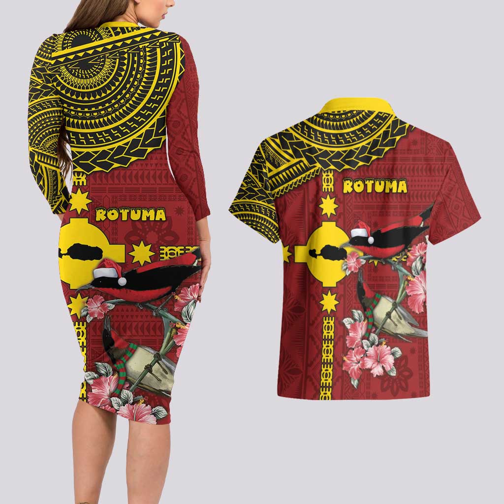 Rotuma Christmas Couples Matching Long Sleeve Bodycon Dress and Hawaiian Shirt Rotuma Myzomela Birds With Hibiscus Flowers - Polynesian Pride
