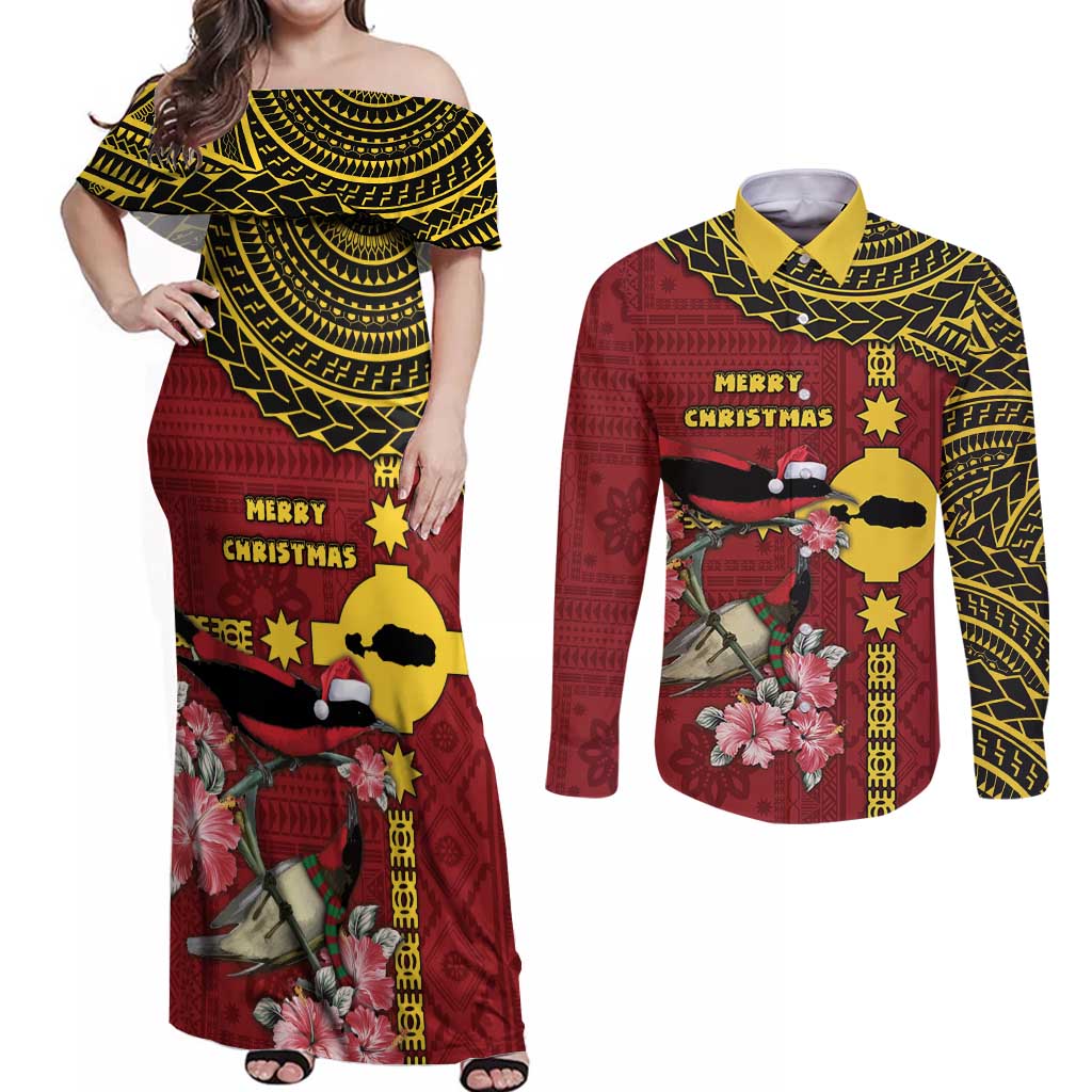 Rotuma Christmas Couples Matching Off Shoulder Maxi Dress and Long Sleeve Button Shirt Rotuma Myzomela Birds With Hibiscus Flowers - Polynesian Pride
