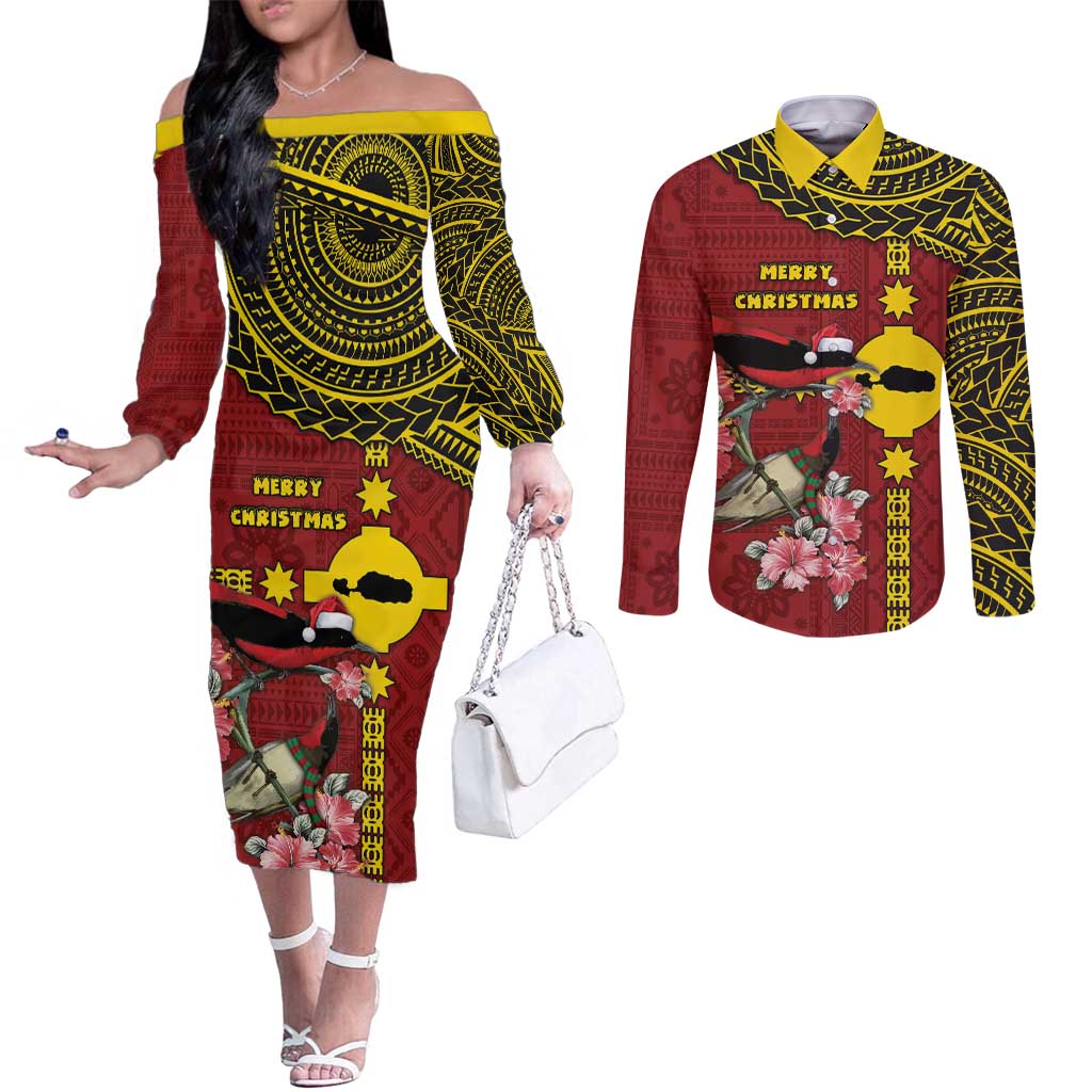 Rotuma Christmas Couples Matching Off The Shoulder Long Sleeve Dress and Long Sleeve Button Shirt Rotuma Myzomela Birds With Hibiscus Flowers - Polynesian Pride