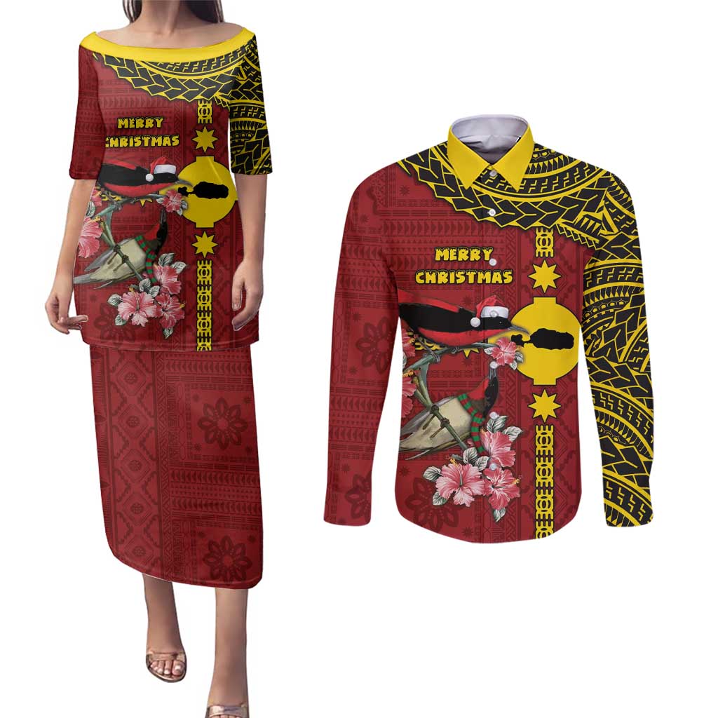 Rotuma Christmas Couples Matching Puletasi and Long Sleeve Button Shirt Rotuma Myzomela Birds With Hibiscus Flowers - Polynesian Pride