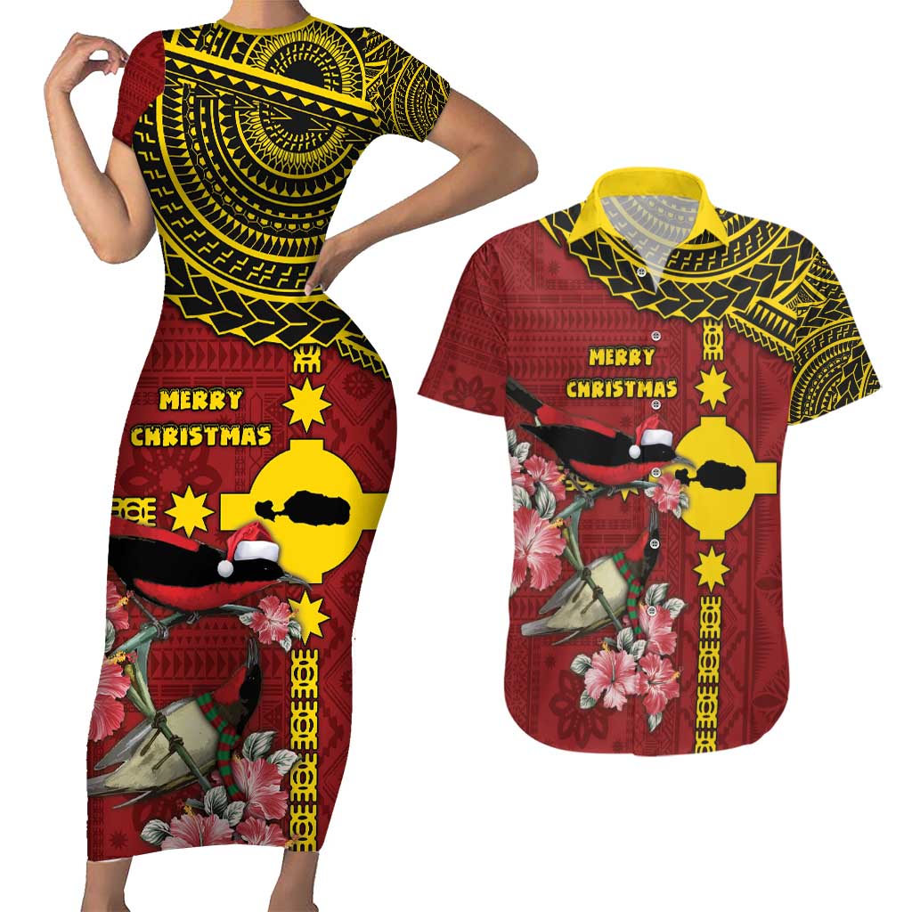 Rotuma Christmas Couples Matching Short Sleeve Bodycon Dress and Hawaiian Shirt Rotuma Myzomela Birds With Hibiscus Flowers - Polynesian Pride