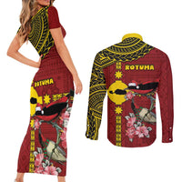 Rotuma Christmas Couples Matching Short Sleeve Bodycon Dress and Long Sleeve Button Shirt Rotuma Myzomela Birds With Hibiscus Flowers - Polynesian Pride