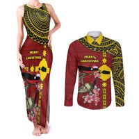 Rotuma Christmas Couples Matching Tank Maxi Dress and Long Sleeve Button Shirt Rotuma Myzomela Birds With Hibiscus Flowers - Polynesian Pride