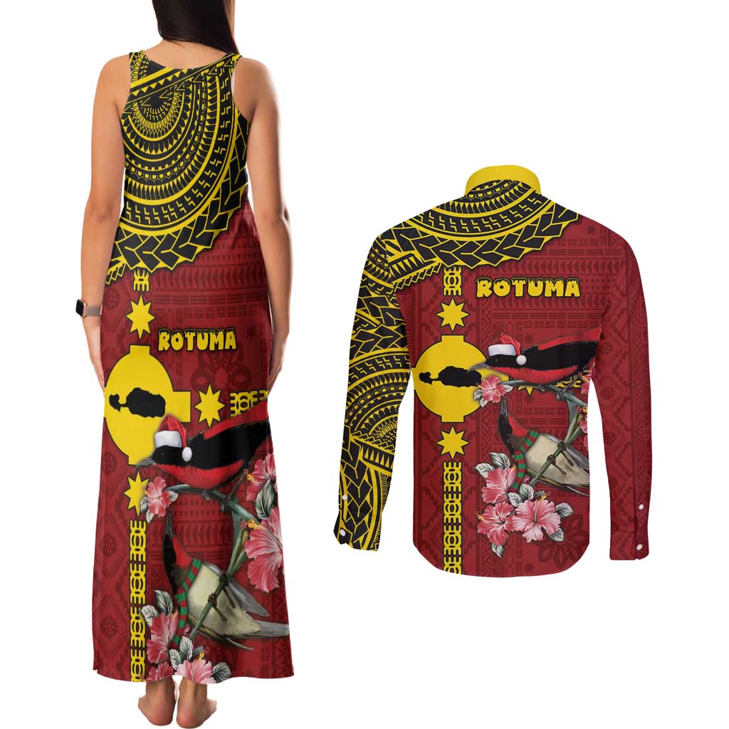 Rotuma Christmas Couples Matching Tank Maxi Dress and Long Sleeve Button Shirt Rotuma Myzomela Birds With Hibiscus Flowers - Polynesian Pride