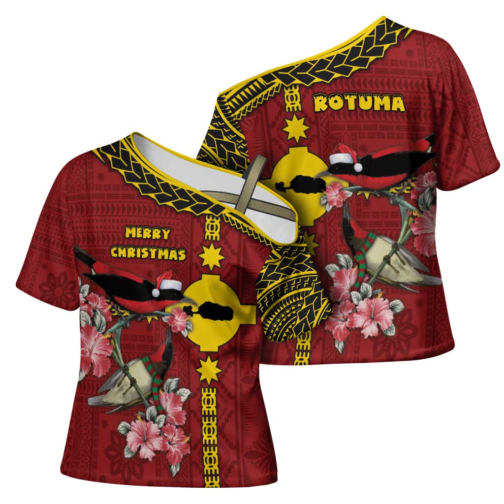 Rotuma Christmas Cross Shoulder Shirt Rotuma Myzomela Birds With Hibiscus Flowers - Polynesian Pride