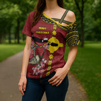 Rotuma Christmas Cross Shoulder Shirt Rotuma Myzomela Birds With Hibiscus Flowers - Polynesian Pride