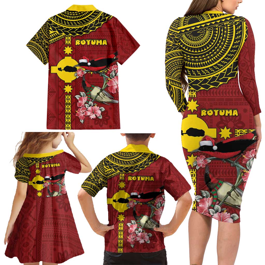 Rotuma Christmas Family Matching Long Sleeve Bodycon Dress and Hawaiian Shirt Rotuma Myzomela Birds With Hibiscus Flowers - Polynesian Pride