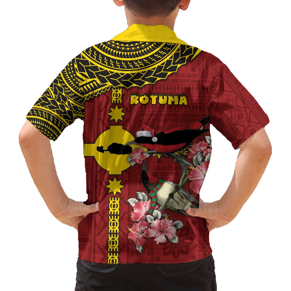 Rotuma Christmas Family Matching Off The Shoulder Long Sleeve Dress and Hawaiian Shirt Rotuma Myzomela Birds With Hibiscus Flowers - Polynesian Pride