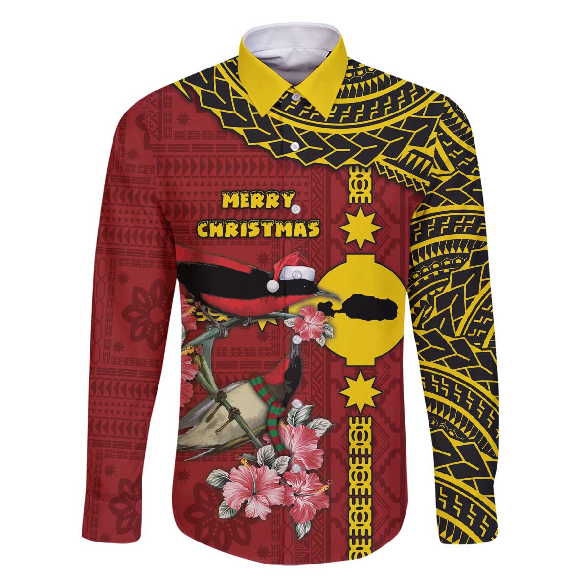 Rotuma Christmas Family Matching Off The Shoulder Long Sleeve Dress and Hawaiian Shirt Rotuma Myzomela Birds With Hibiscus Flowers - Polynesian Pride