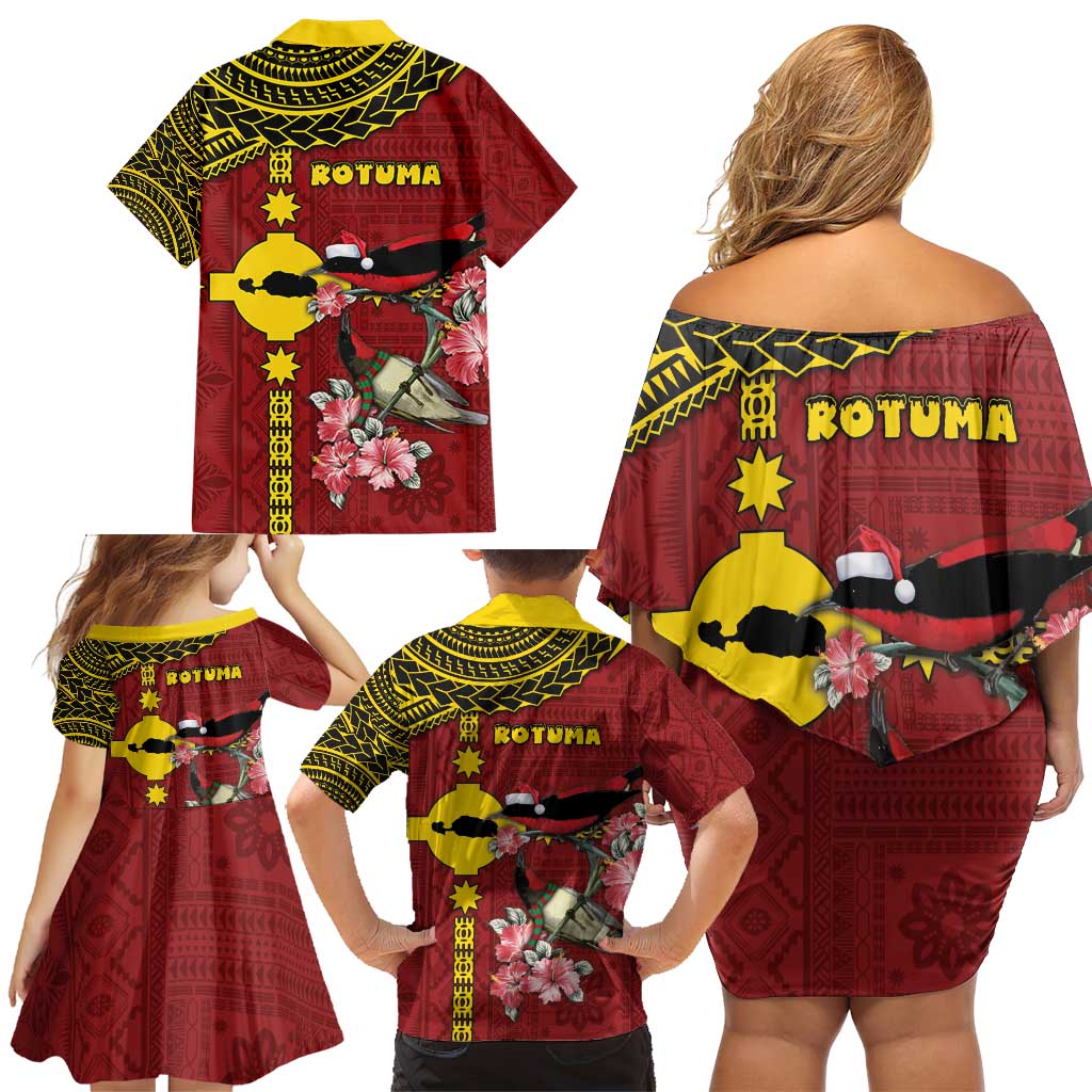 Rotuma Christmas Family Matching Off Shoulder Short Dress and Hawaiian Shirt Rotuma Myzomela Birds With Hibiscus Flowers - Polynesian Pride