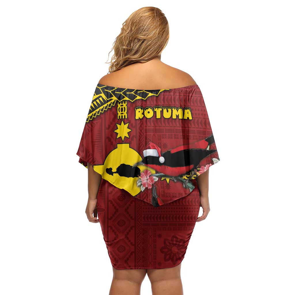 Rotuma Christmas Off Shoulder Short Dress Rotuma Myzomela Birds With Hibiscus Flowers - Polynesian Pride