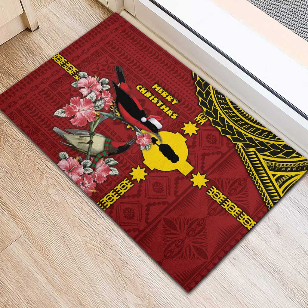 Rotuma Christmas Rubber Doormat Rotuma Myzomela Birds With Hibiscus Flowers - Polynesian Pride