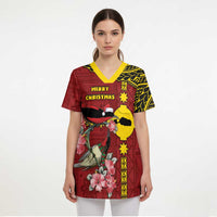 Rotuma Christmas Scrub Top Rotuma Myzomela Birds With Hibiscus Flowers - Polynesian Pride