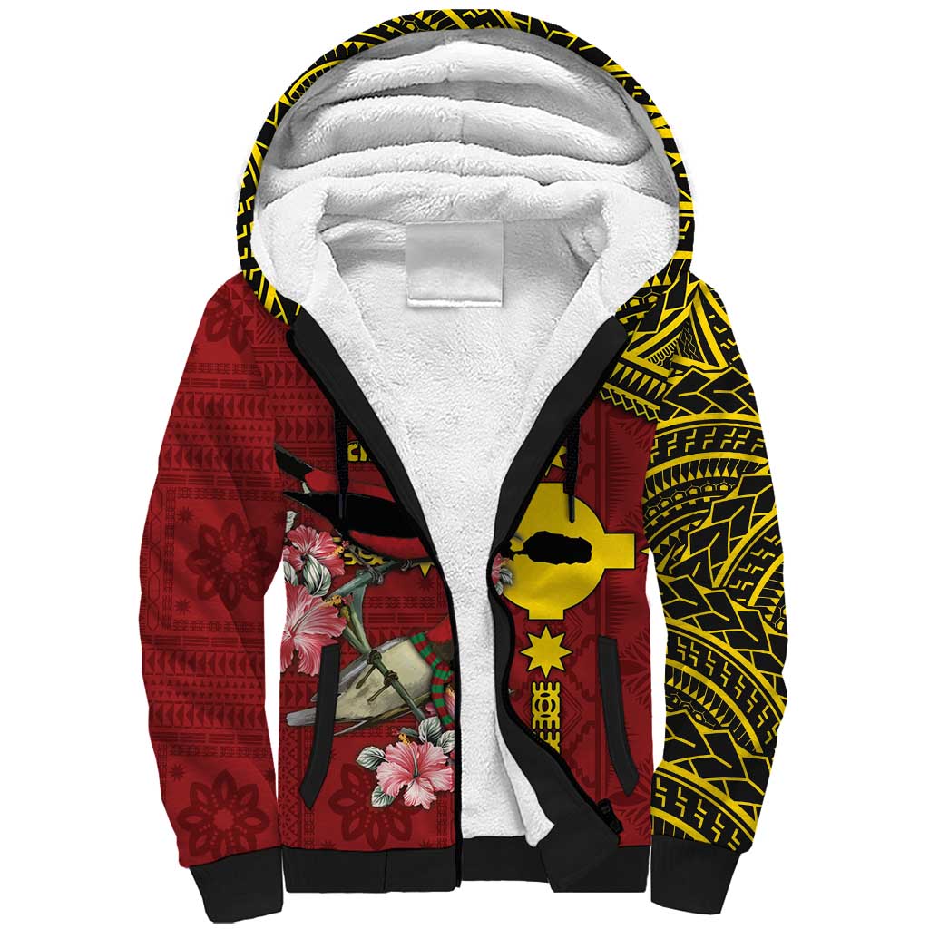 Rotuma Christmas Sherpa Hoodie Rotuma Myzomela Birds With Hibiscus Flowers - Polynesian Pride