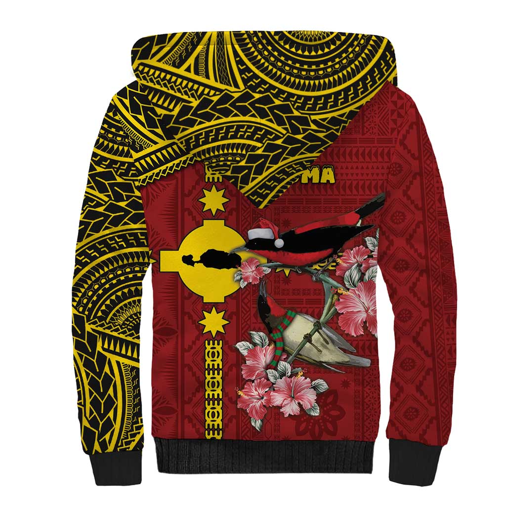 Rotuma Christmas Sherpa Hoodie Rotuma Myzomela Birds With Hibiscus Flowers - Polynesian Pride