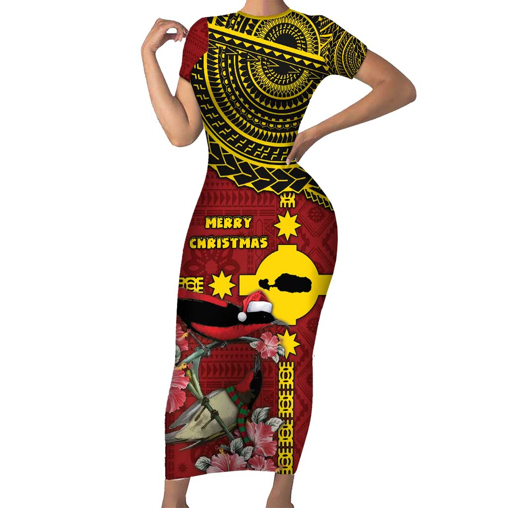 Rotuma Christmas Short Sleeve Bodycon Dress Rotuma Myzomela Birds With Hibiscus Flowers - Polynesian Pride