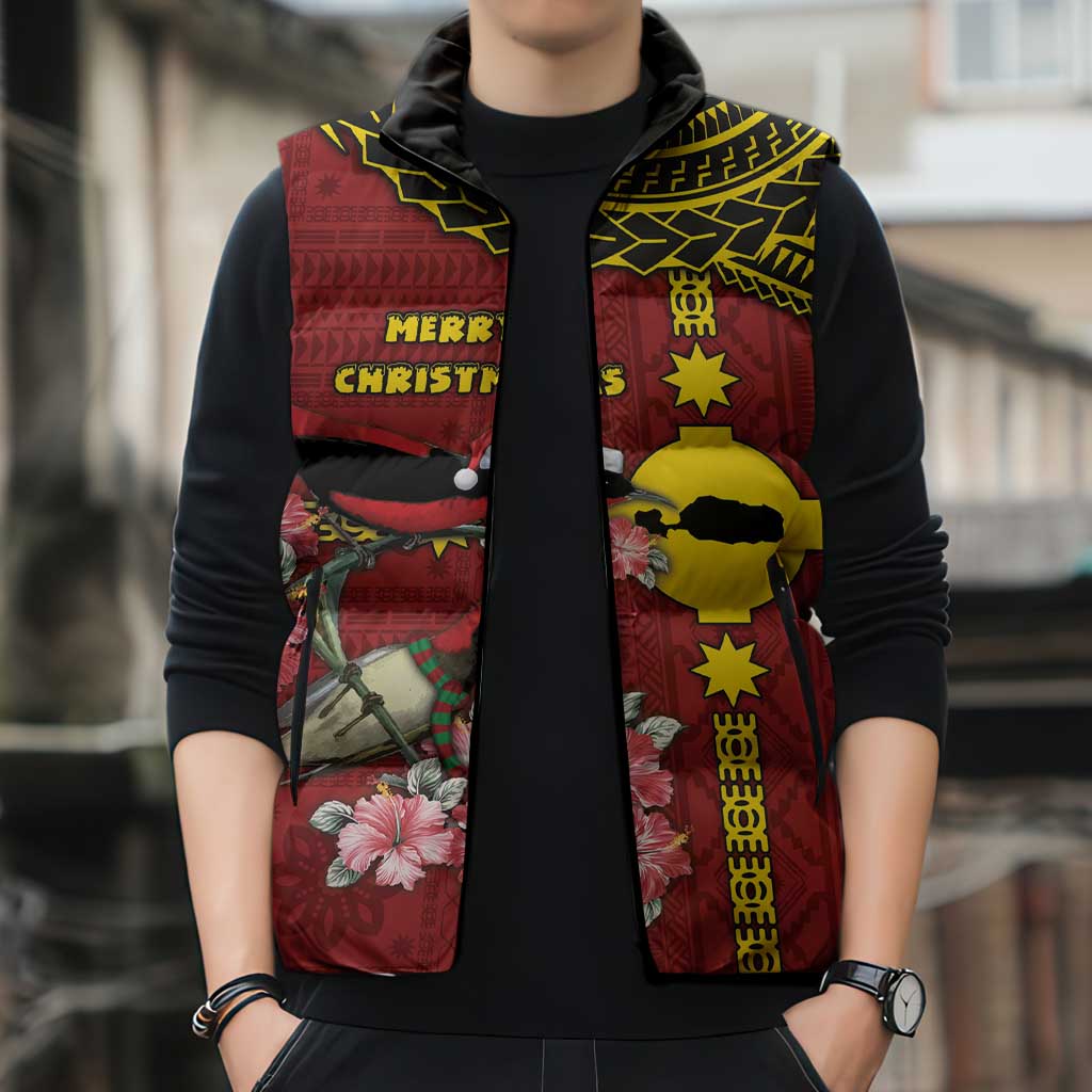 Rotuma Christmas Sleeveless Puffer Jacket Rotuma Myzomela Birds With Hibiscus Flowers - Polynesian Pride