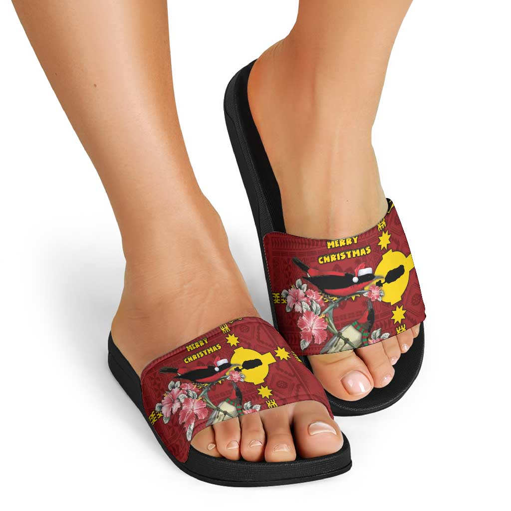 Rotuma Christmas Slide Sandals Rotuma Myzomela Birds With Hibiscus Flowers - Polynesian Pride