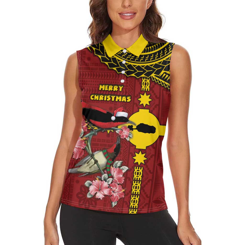Rotuma Christmas Women Sleeveless Polo Shirt Rotuma Myzomela Birds With Hibiscus Flowers - Polynesian Pride