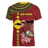 Rotuma Christmas Women V-Neck T-Shirt Rotuma Myzomela Birds With Hibiscus Flowers - Polynesian Pride