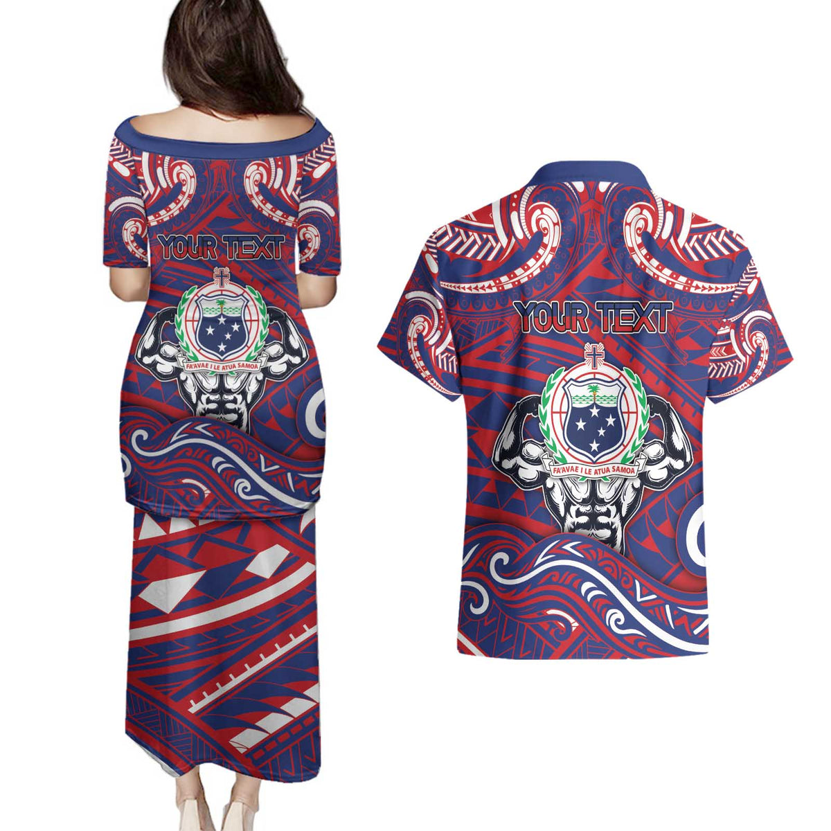 Personalised Samoa Gym Couples Matching Puletasi and Hawaiian Shirt Muscle Samoan Tribal Waves - Polynesian Pride