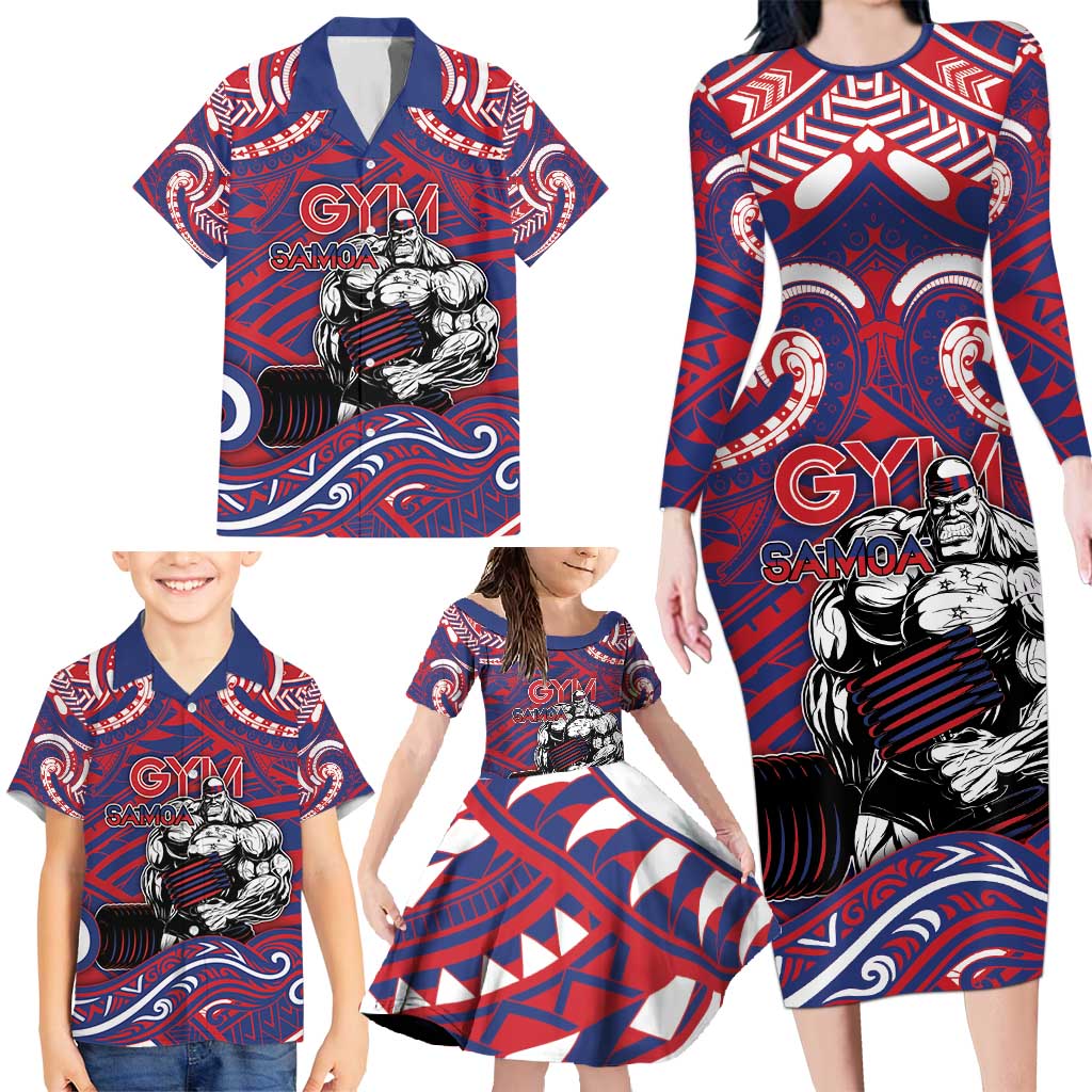 Personalised Samoa Gym Family Matching Long Sleeve Bodycon Dress and Hawaiian Shirt Muscle Samoan Tribal Waves DT05 - Polynesian Pride