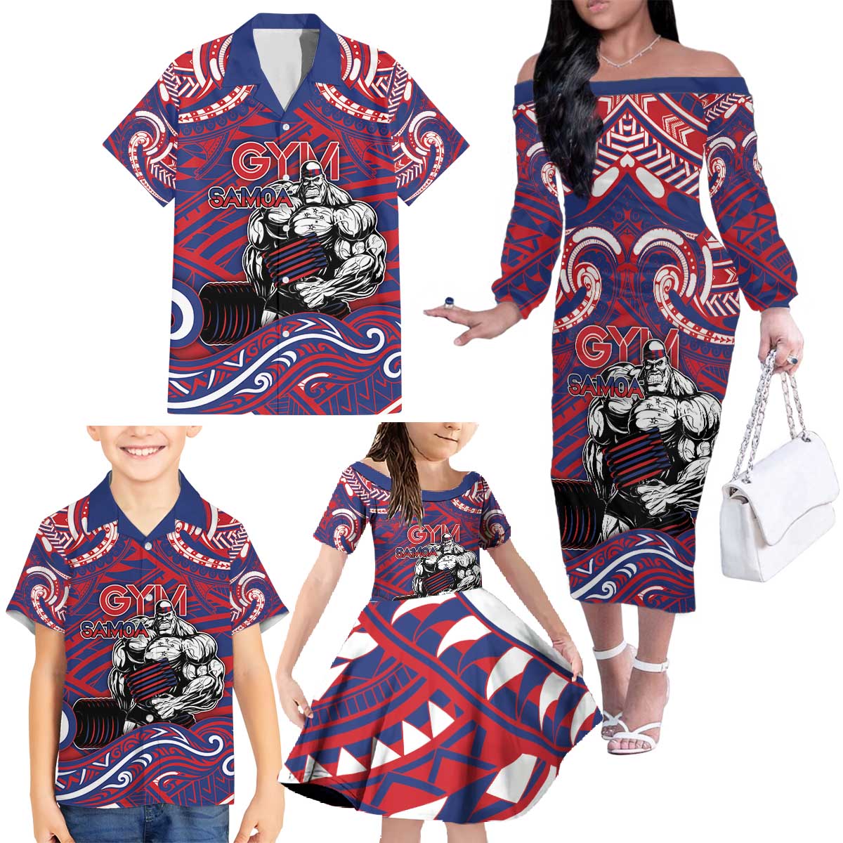 Personalised Samoa Gym Family Matching Off The Shoulder Long Sleeve Dress and Hawaiian Shirt Muscle Samoan Tribal Waves - Polynesian Pride