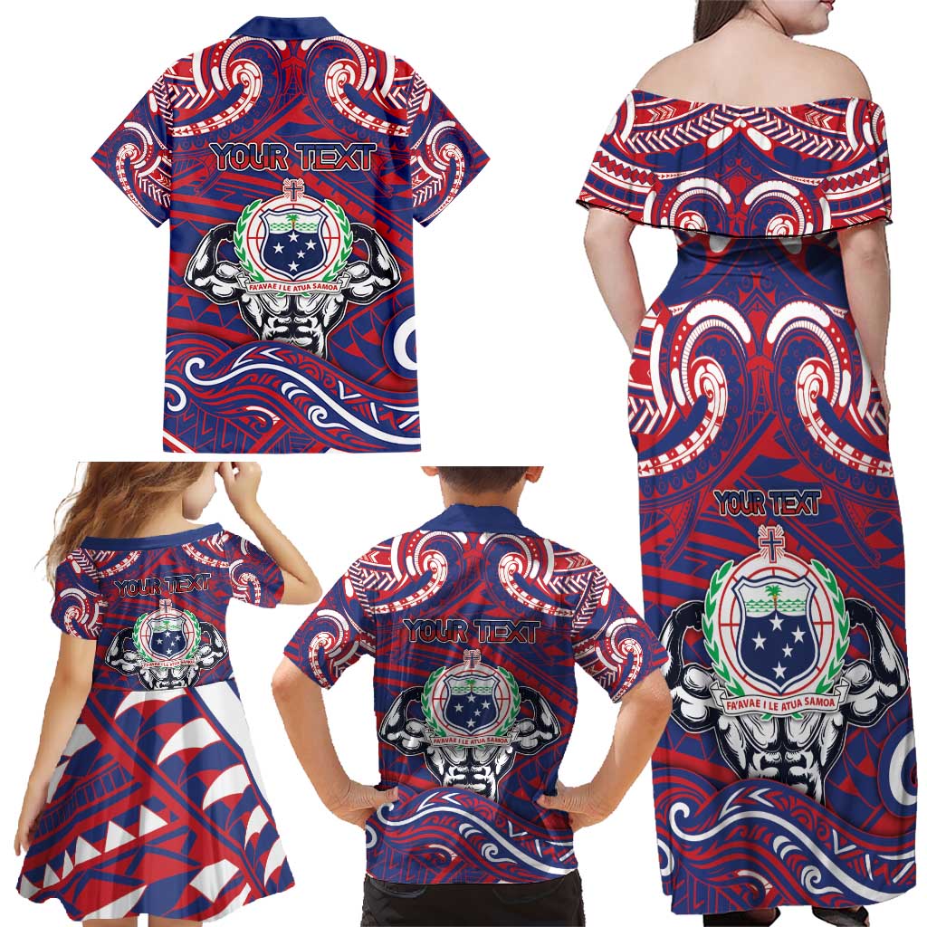 Personalised Samoa Gym Family Matching Off Shoulder Maxi Dress and Hawaiian Shirt Muscle Samoan Tribal Waves - Polynesian Pride
