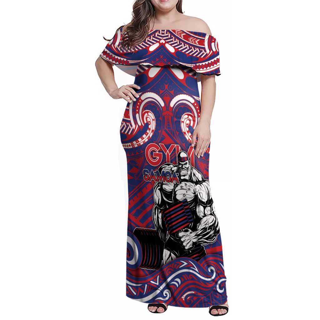 Personalised Samoa Gym Family Matching Off Shoulder Maxi Dress and Hawaiian Shirt Muscle Samoan Tribal Waves - Polynesian Pride