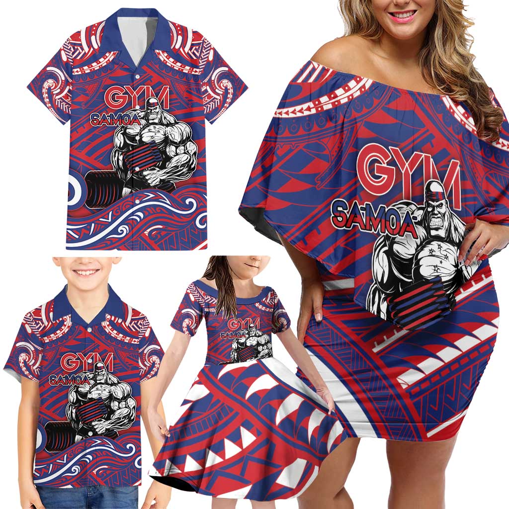 Personalised Samoa Gym Family Matching Off Shoulder Short Dress and Hawaiian Shirt Muscle Samoan Tribal Waves DT05 - Polynesian Pride