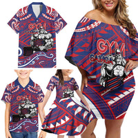 Personalised Samoa Gym Family Matching Off Shoulder Short Dress and Hawaiian Shirt Muscle Samoan Tribal Waves - Polynesian Pride