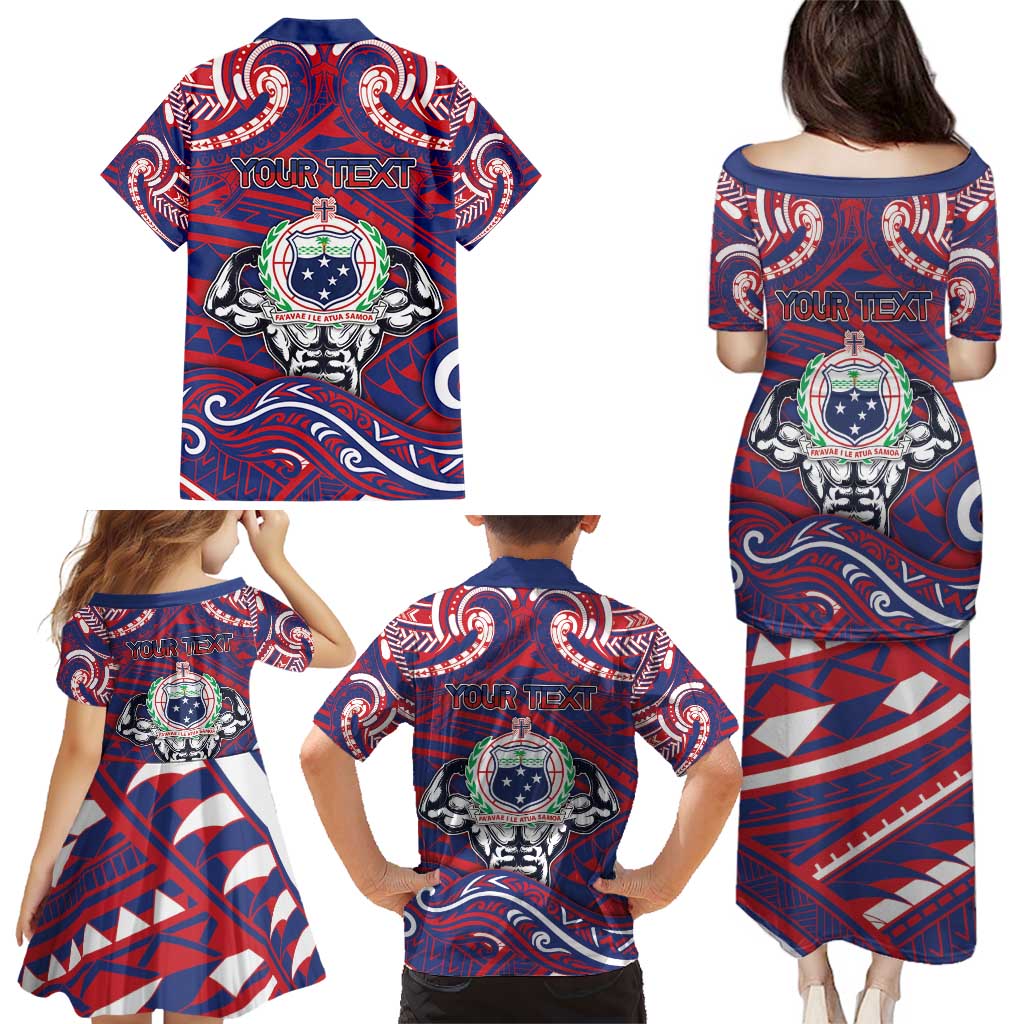 Personalised Samoa Gym Family Matching Puletasi and Hawaiian Shirt Muscle Samoan Tribal Waves - Polynesian Pride