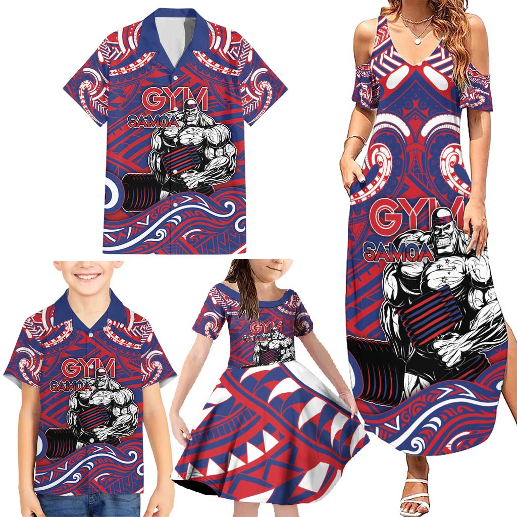 Personalised Samoa Gym Family Matching Summer Maxi Dress and Hawaiian Shirt Muscle Samoan Tribal Waves - Polynesian Pride