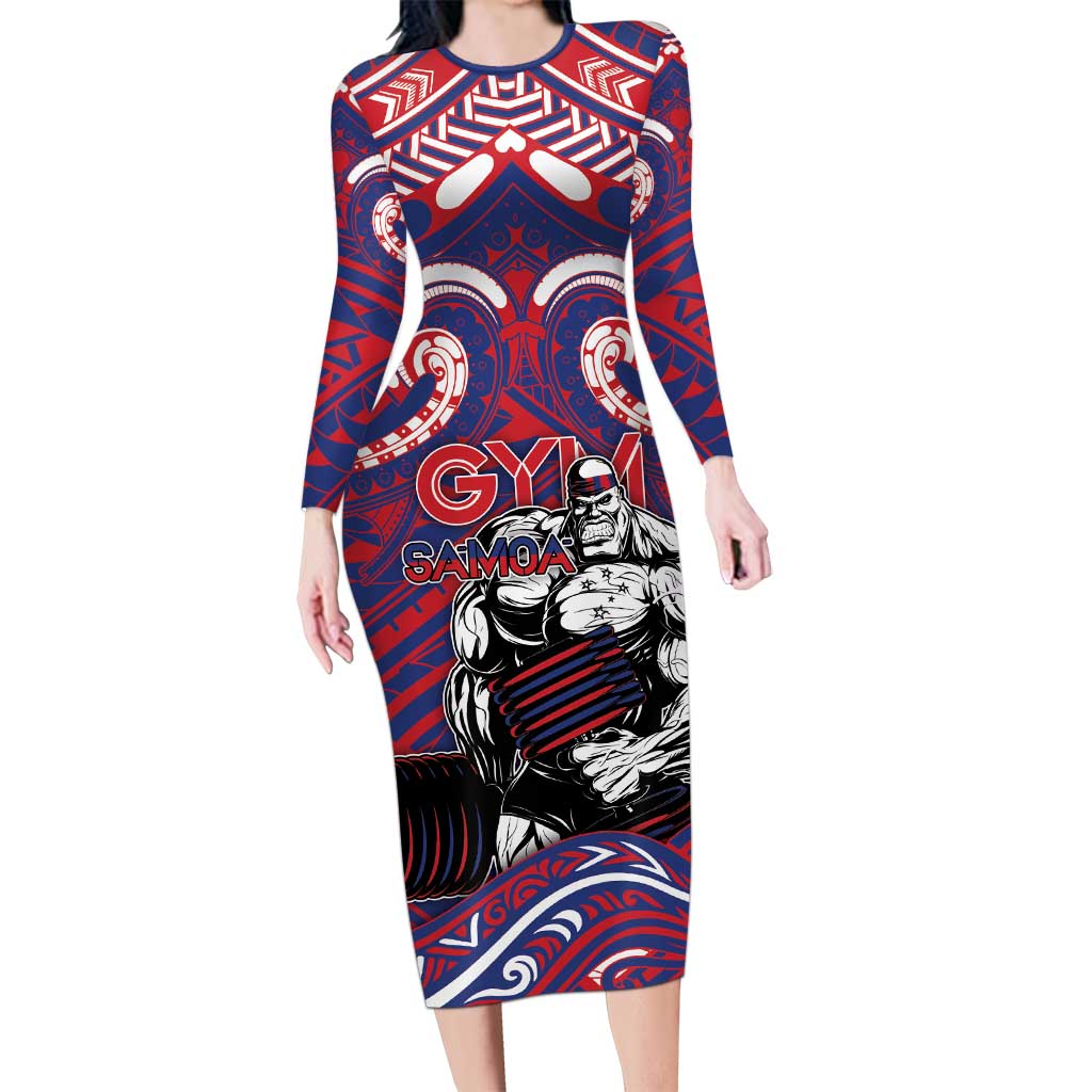 Personalised Samoa Gym Long Sleeve Bodycon Dress Muscle Samoan Tribal Waves - Polynesian Pride