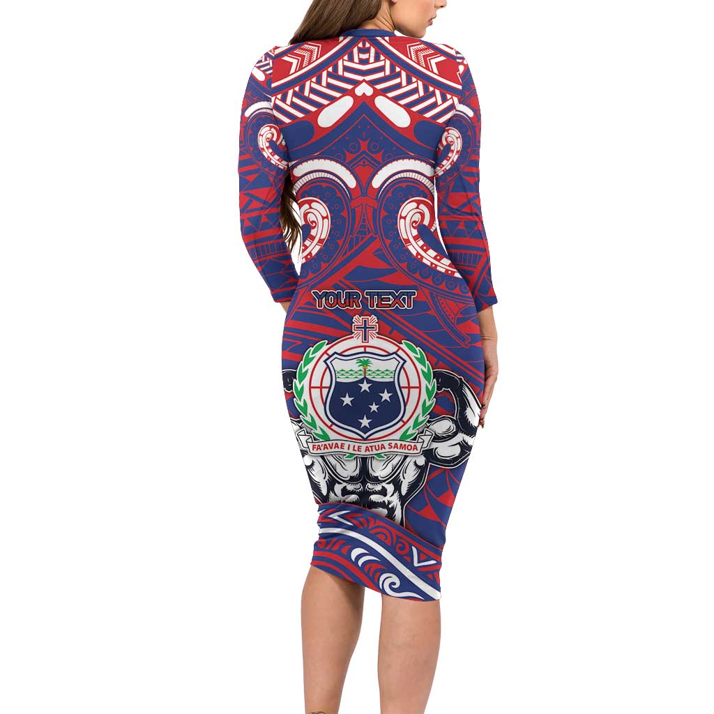 Personalised Samoa Gym Long Sleeve Bodycon Dress Muscle Samoan Tribal Waves - Polynesian Pride