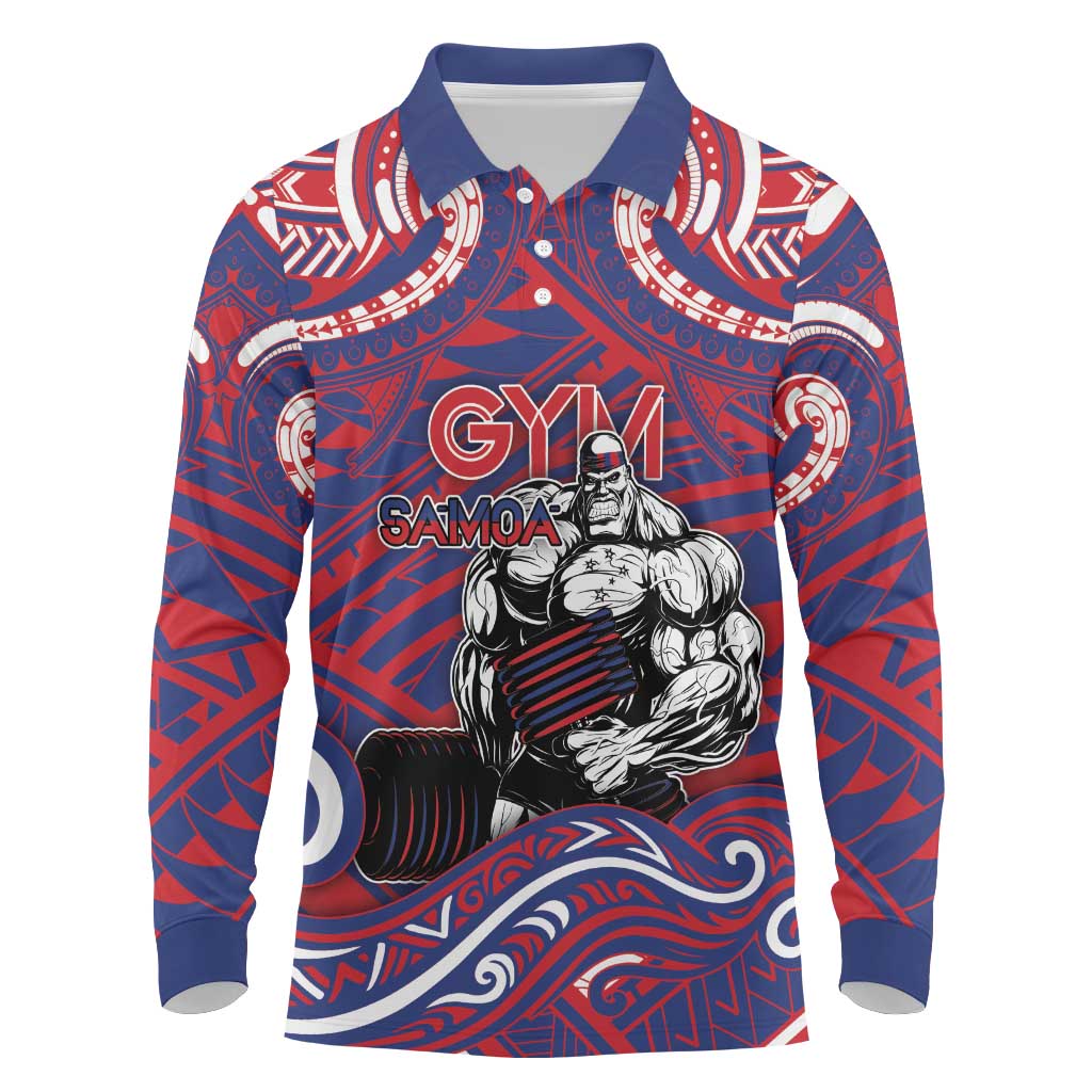 Personalised Samoa Gym Long Sleeve Polo Shirt Muscle Samoan Tribal Waves - Polynesian Pride