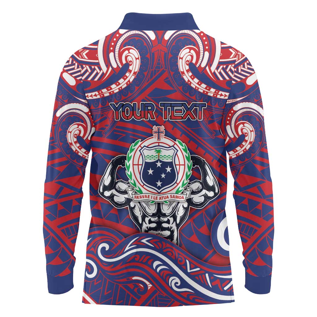 Personalised Samoa Gym Long Sleeve Polo Shirt Muscle Samoan Tribal Waves - Polynesian Pride