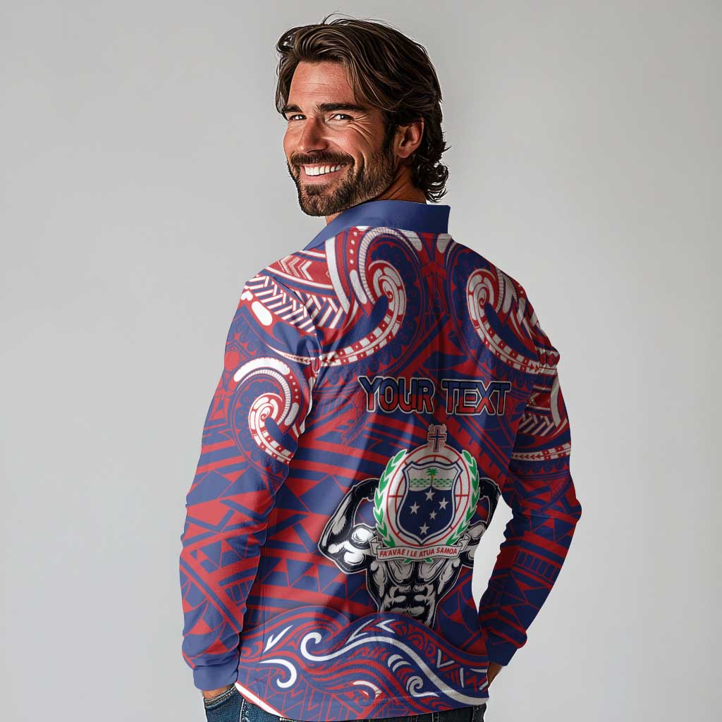 Personalised Samoa Gym Long Sleeve Polo Shirt Muscle Samoan Tribal Waves - Polynesian Pride