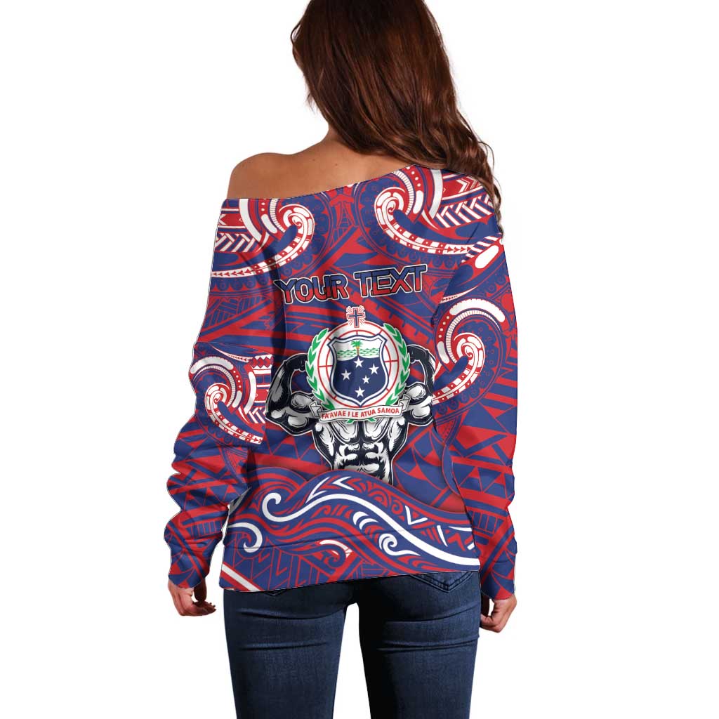 Personalised Samoa Gym Off Shoulder Sweater Muscle Samoan Tribal Waves - Polynesian Pride