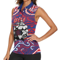 Personalised Samoa Gym Women Sleeveless Polo Shirt Muscle Samoan Tribal Waves - Polynesian Pride